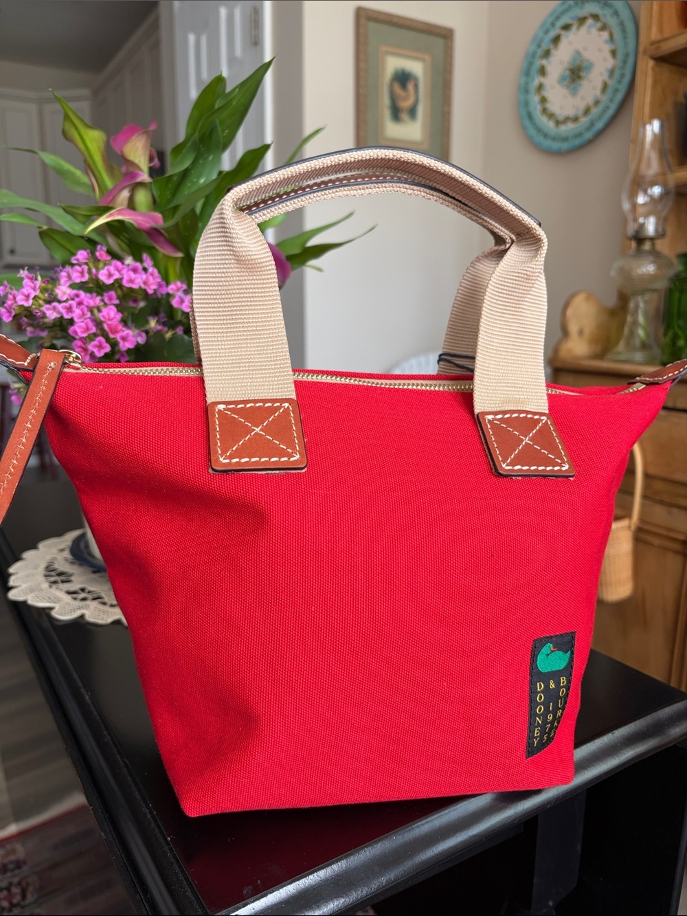 NWT - Dooney & Bourke Red Canvas Small Tote with Tan Handles
